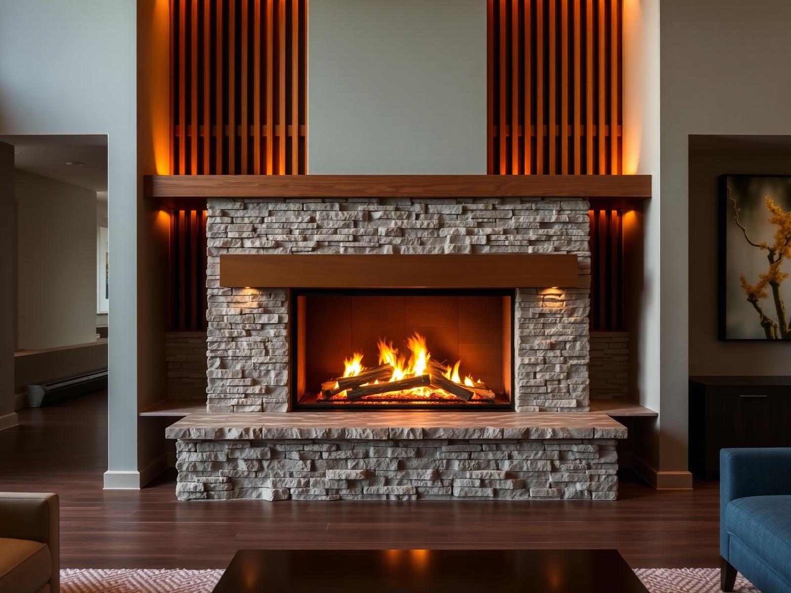 Custom stone fireplace with warm wood mantle and slatted accent wall